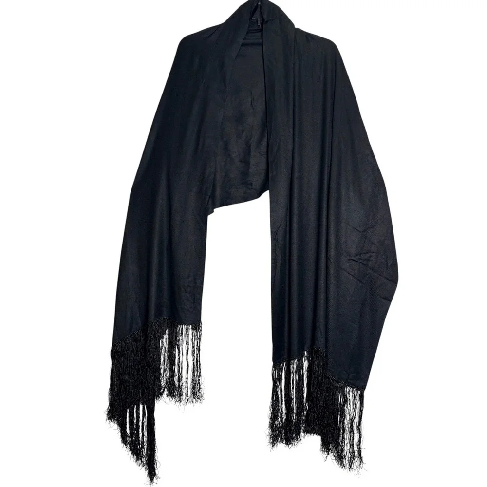 Shawl Wrap Women OS Black Fringe Trim Lightweight Evening Scarf